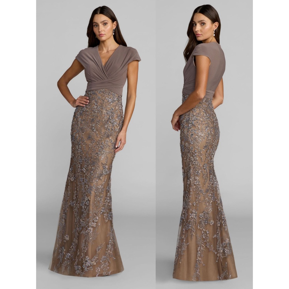 NWT Mac Duggal Brown Jersey Wrap Top Floral Sequin Gown $798 - Size 12